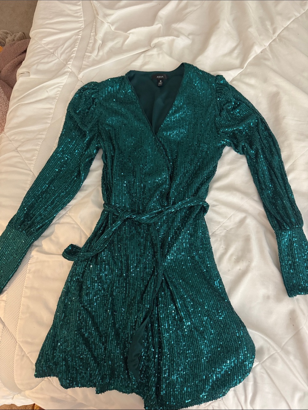 Aqua Teal Sequin Wrap Dress with Puff Shoulders